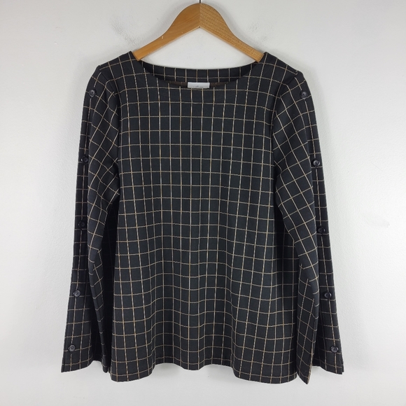 New J.Jill Ponte Knit Windowpane Plaid Check Boatneck Button Sleeve Top - Picture 2 of 12